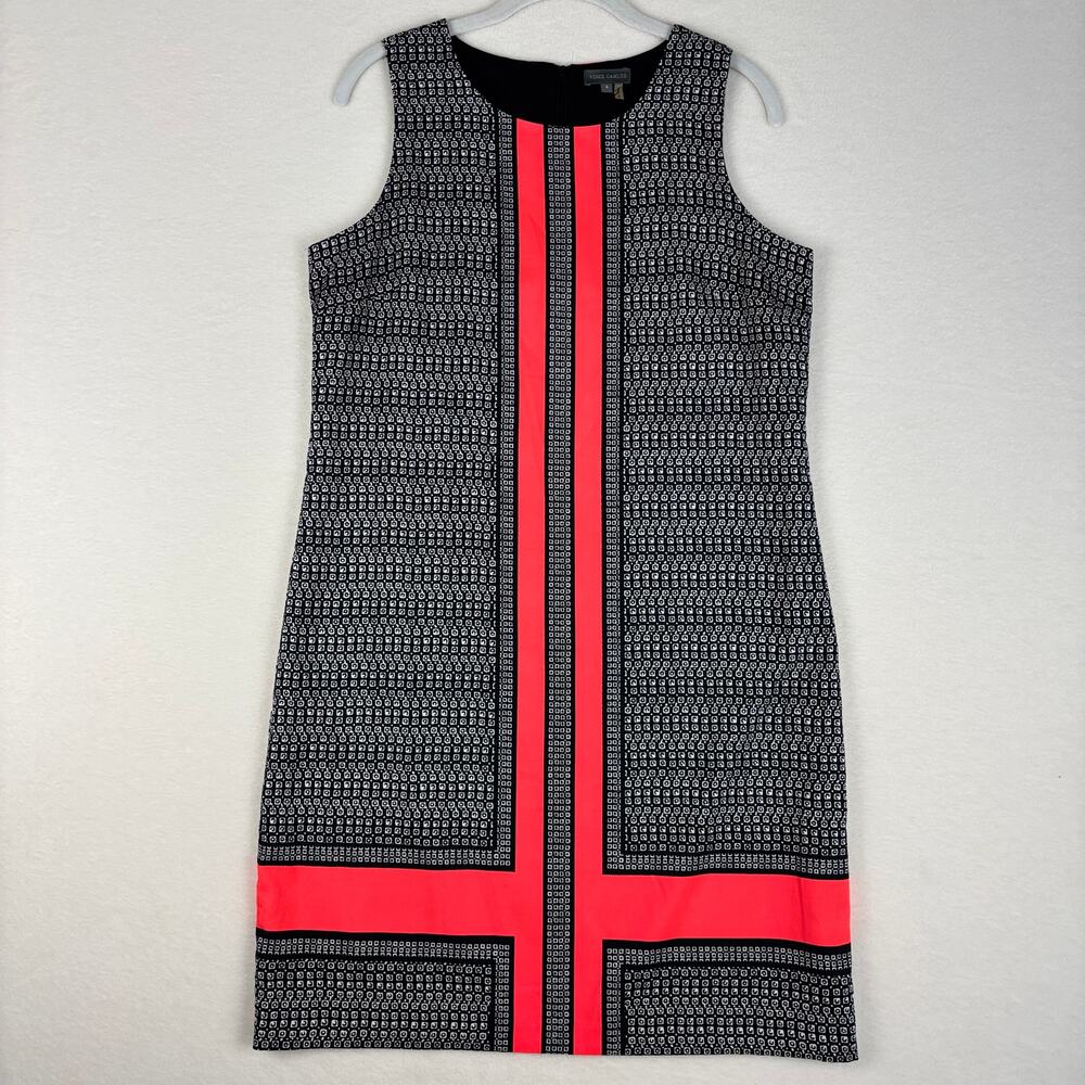 Vince Camuto Geometric Stripe Print Dress Size 6 Black White Neon Orange